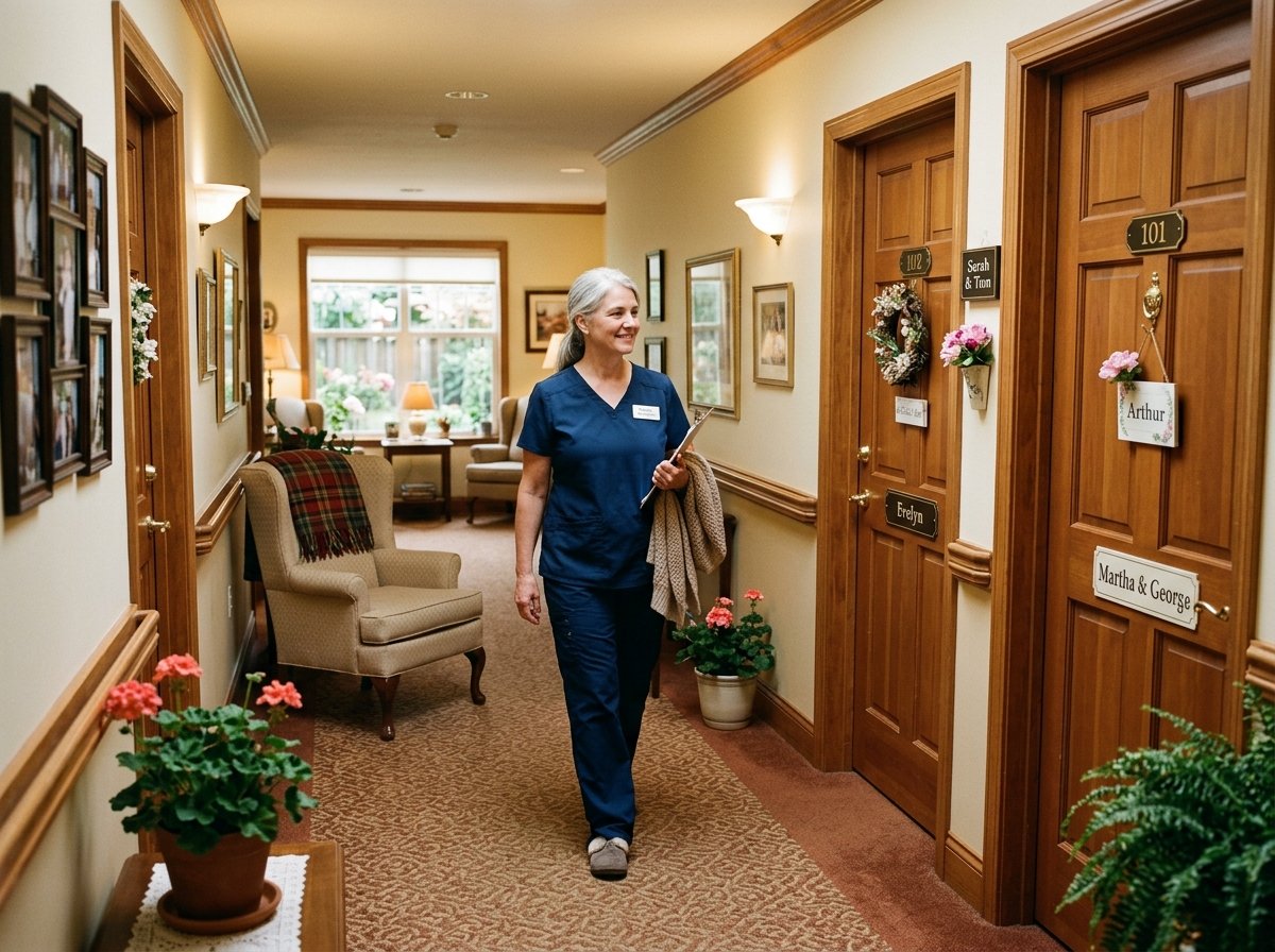 Memory care patient smiling while looking out of a window in Brevard, NC - Tore's Home Inc
