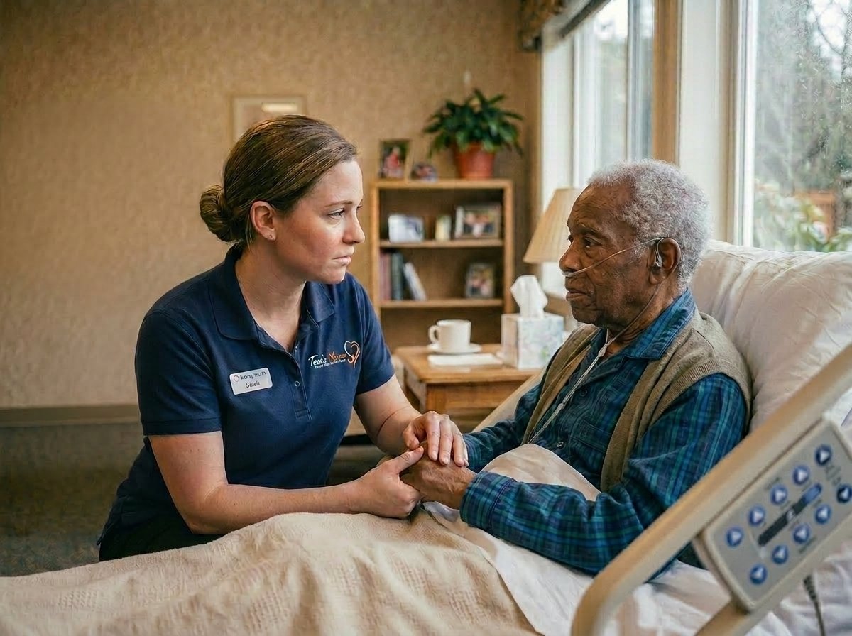 Memory care patient smiling while looking out of a window in Brevard, NC - Tore's Home Inc